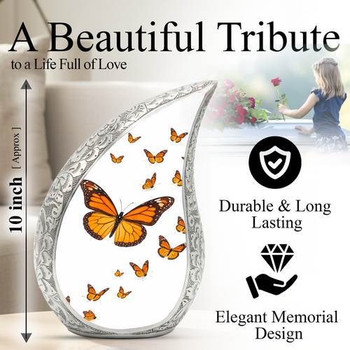 Butterfly Personalized Cremation Urn – Teardrop Style Aluminum Memorial Urn, 10 Inch