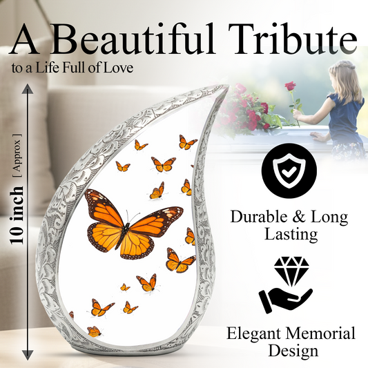 Butterfly Personalized Cremation Urn – Teardrop Style Aluminum Memorial Urn, 10 Inch