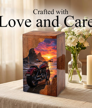 Motorcycle Beach Sunset Cremation Urn – Wooden Urn for Human Ashes