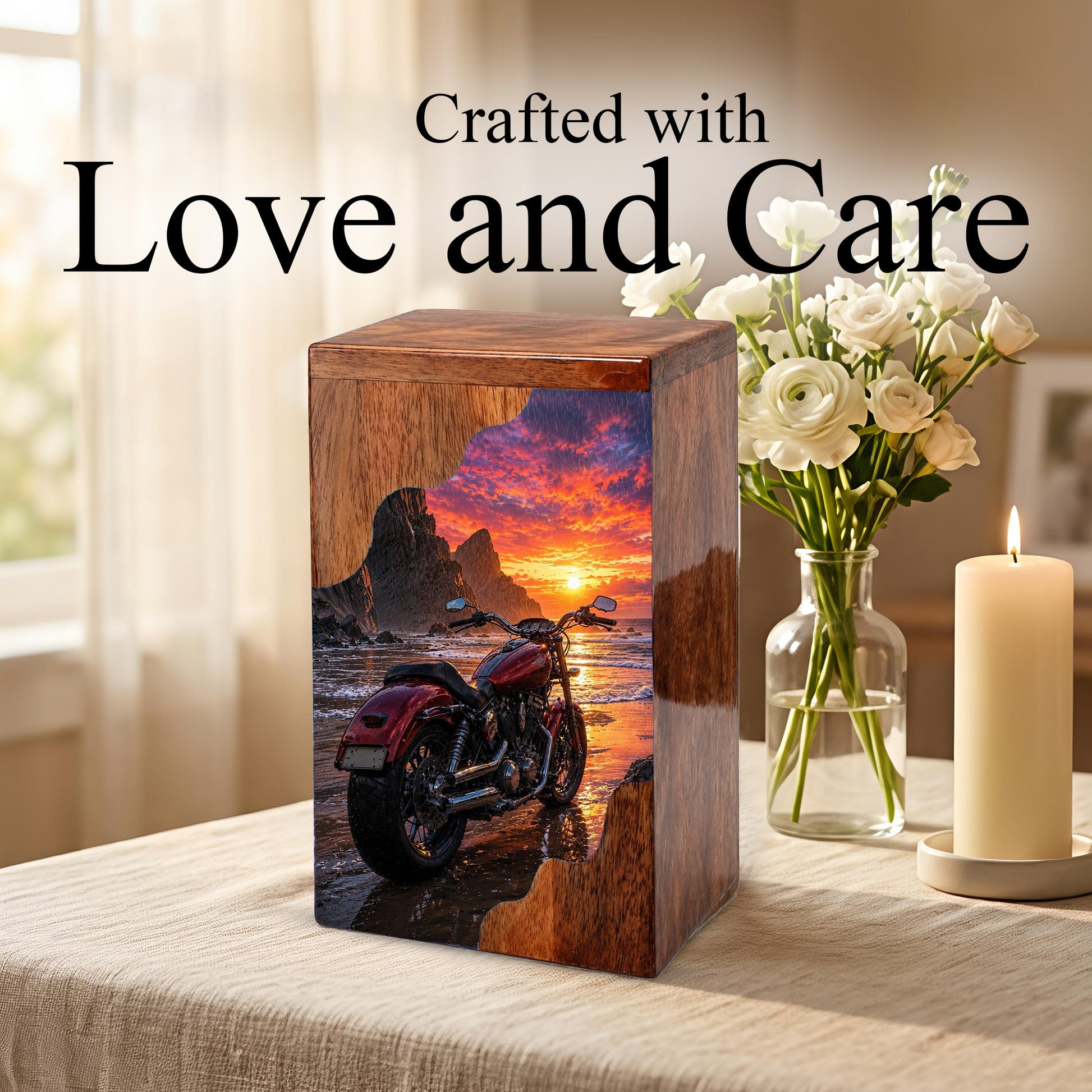 Motorcycle Beach Sunset Cremation Urn – Wooden Urn for Human Ashes