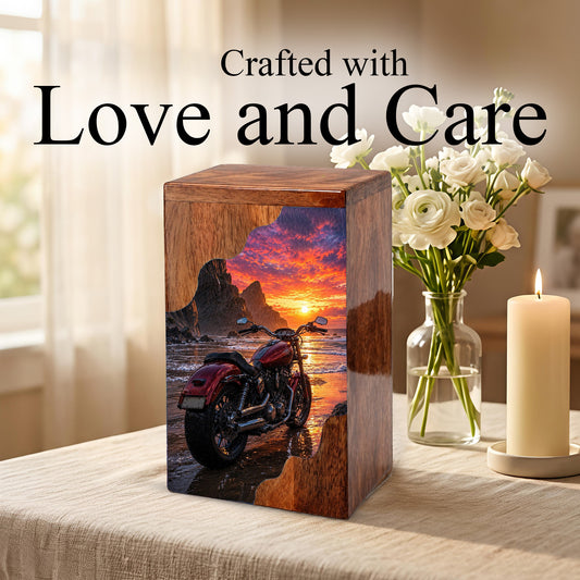 Motorcycle Beach Sunset Cremation Urn – Wooden Urn for Human Ashes