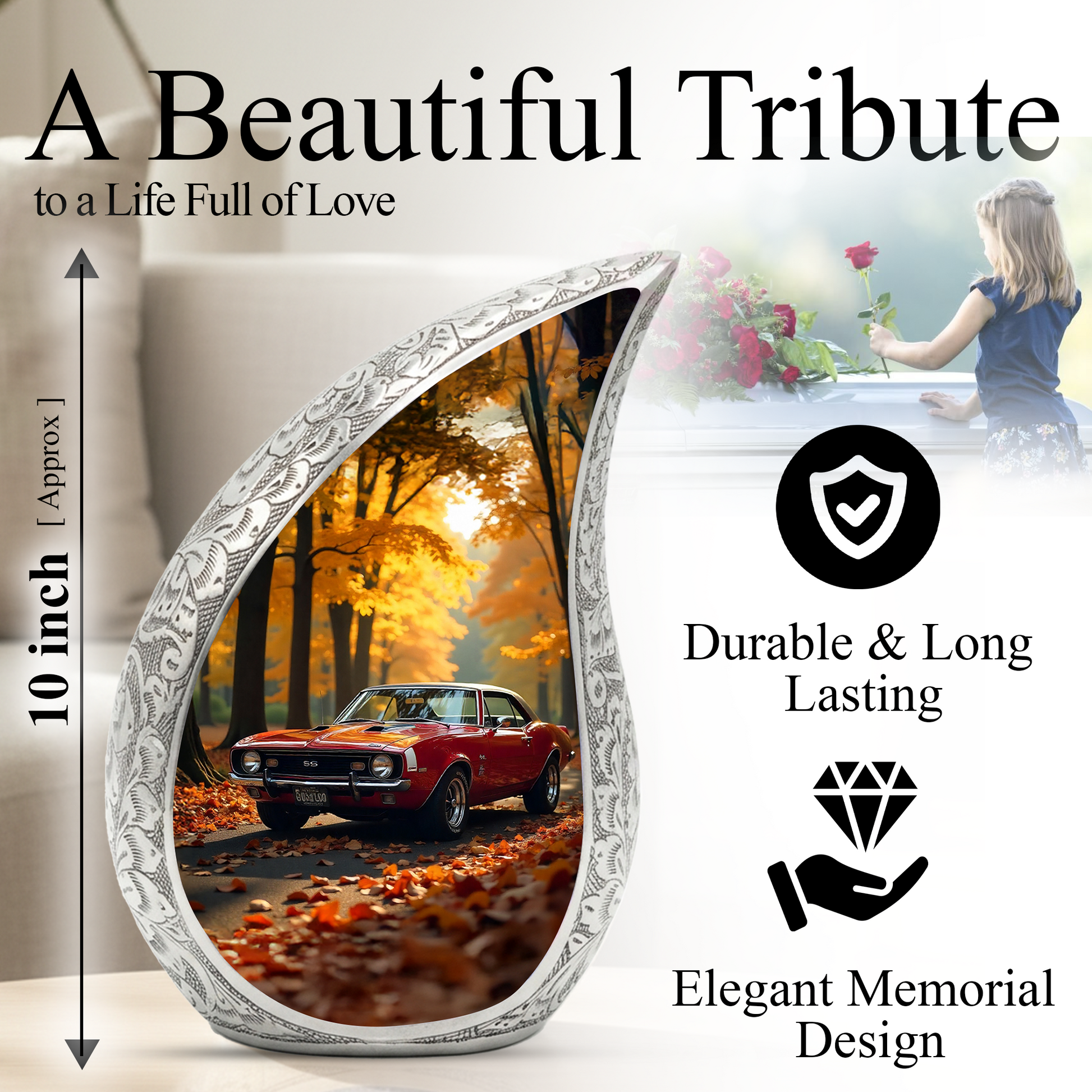 Classic Car Personalized Cremation Urn for Dad – Teardrop Style Aluminum Memorial Urn, 10 Inch