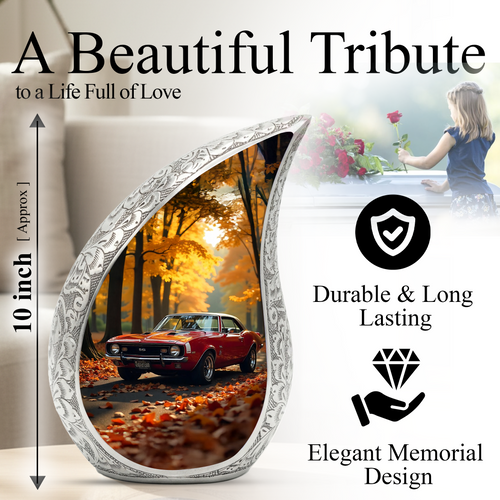 Classic Car Personalized Cremation Urn for Dad – Teardrop Style Aluminum Memorial Urn, 10 Inch