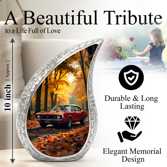 Classic Car Personalized Cremation Urn for Dad – Teardrop Style Aluminum Memorial Urn, 10 Inch