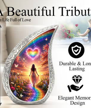 Women Rainbow Heart Urn for Human Ashes – Beautiful Colorful Cremation Urn for Mom