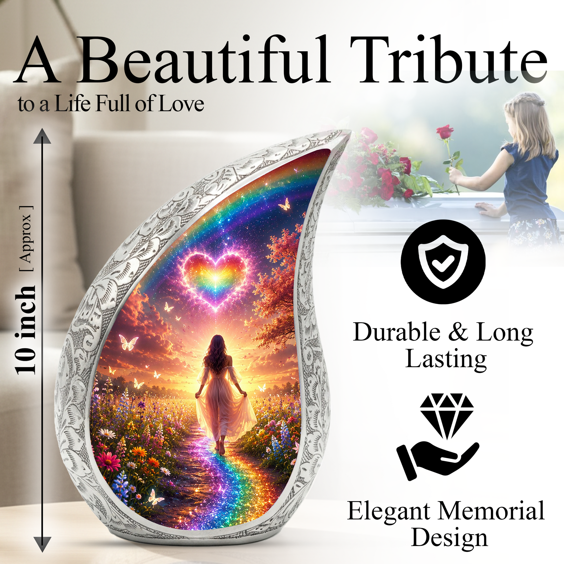 Women Rainbow Heart Urn for Human Ashes – Beautiful Colorful Cremation Urn for Mom
