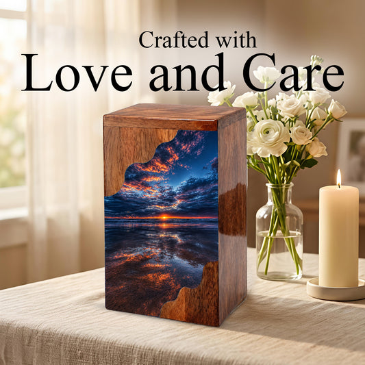 Beach Wooden Cremation Urn for Human Ashes | Ocean Sunset Memorial Urn