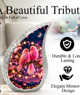 Pink Love Birds Urn for Human Ashes, Adult Cremation Urn with Two Birds and Flowers