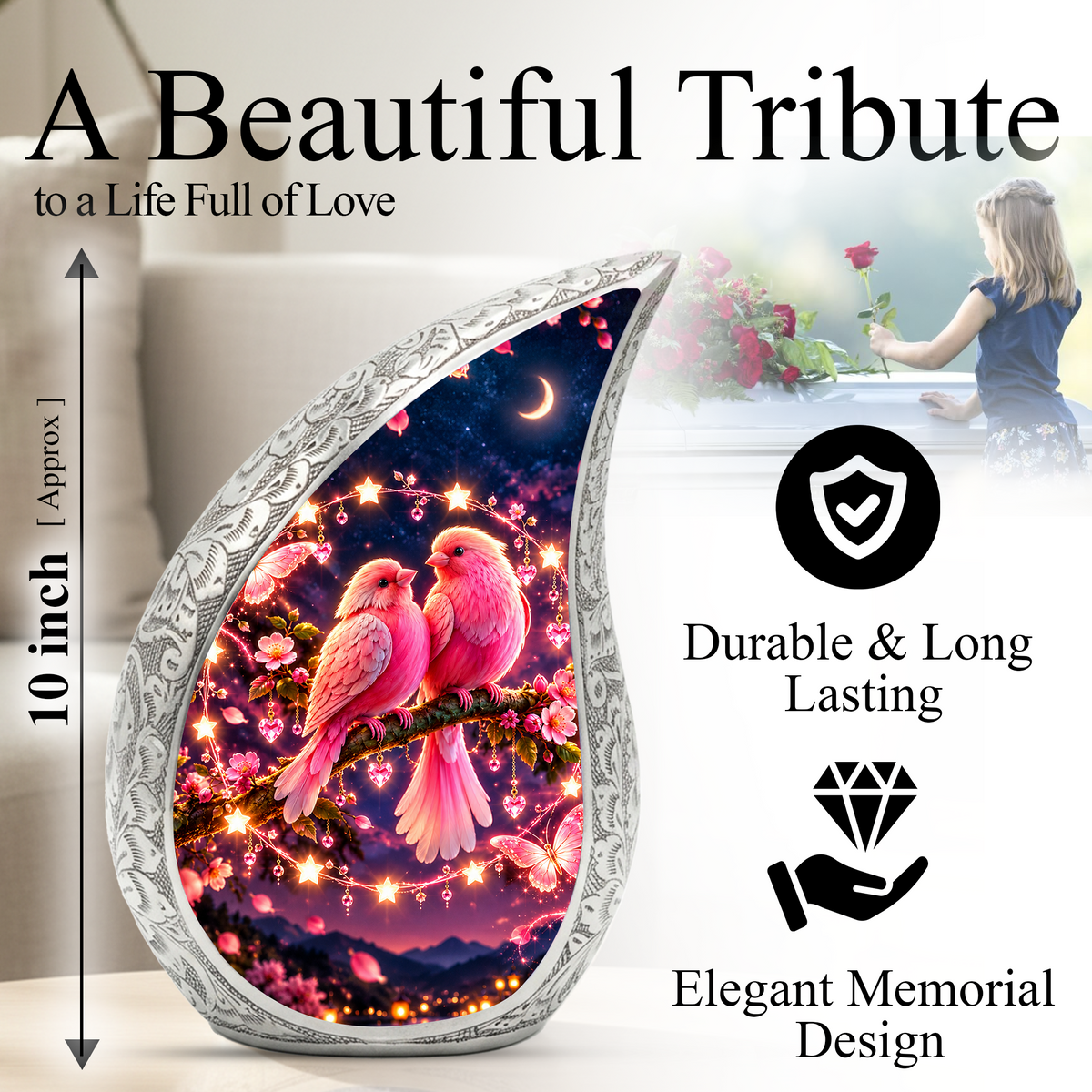 Pink Love Birds Urn for Human Ashes, Adult Cremation Urn with Two Birds and Flowers
