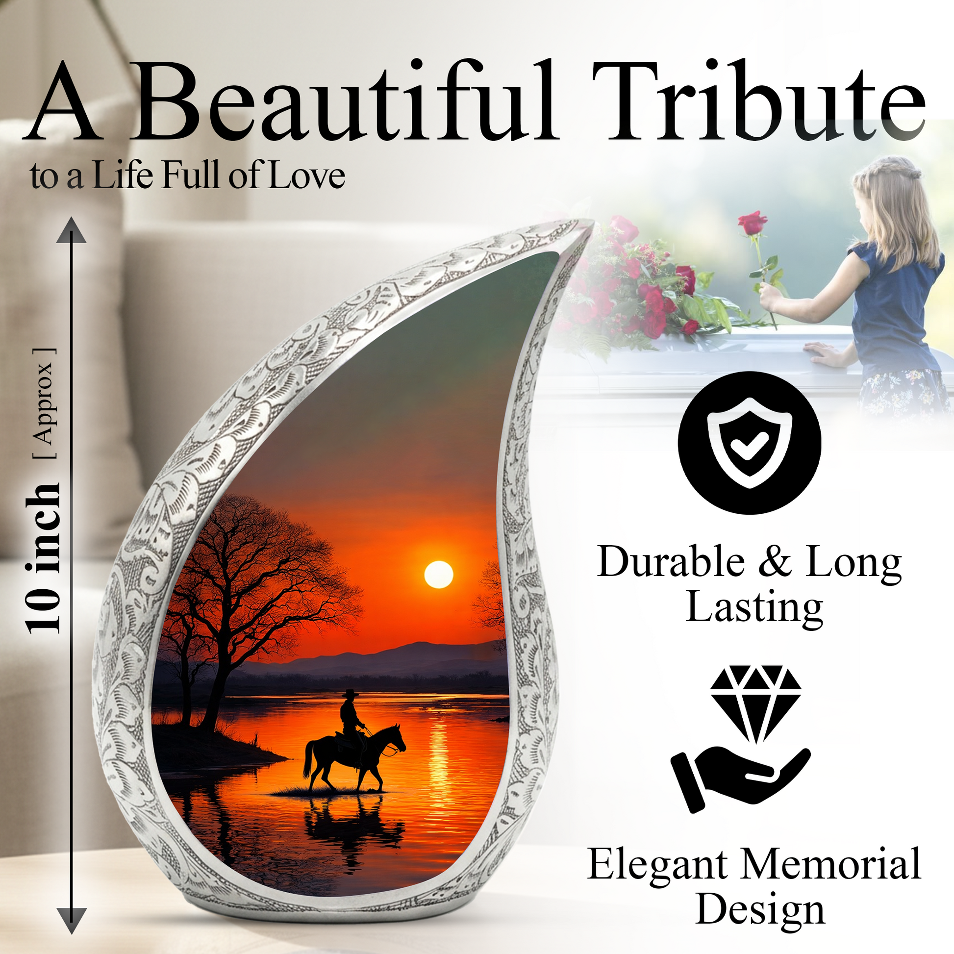 Personalized Cowboy Urn for Dad, Western Memorial Urn, Horseback Sunset Cremation Urn for Ashes