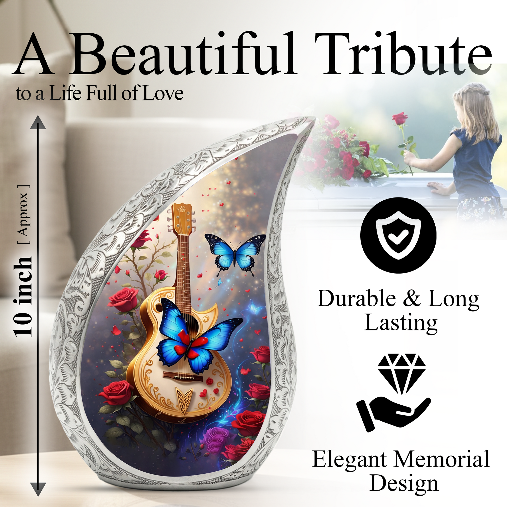 Beautiful Butterfly Guitar Urn for Human Ashes – Premium Butterfly Adult Cremation Urn |