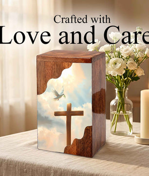 Wooden Cremation Urn – Cross Memorial Urn | Christian Wooden Urn for Ashes