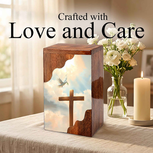 Wooden Cremation Urn – Cross Memorial Urn | Christian Wooden Urn for Ashes