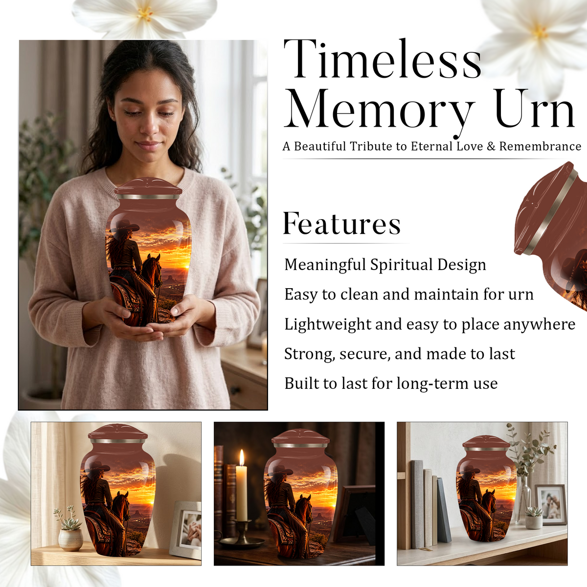 Personalized Adult Cremation Urn for Ashes, Custom Memorial Urn, Western Cowboy Horse Sunset Design