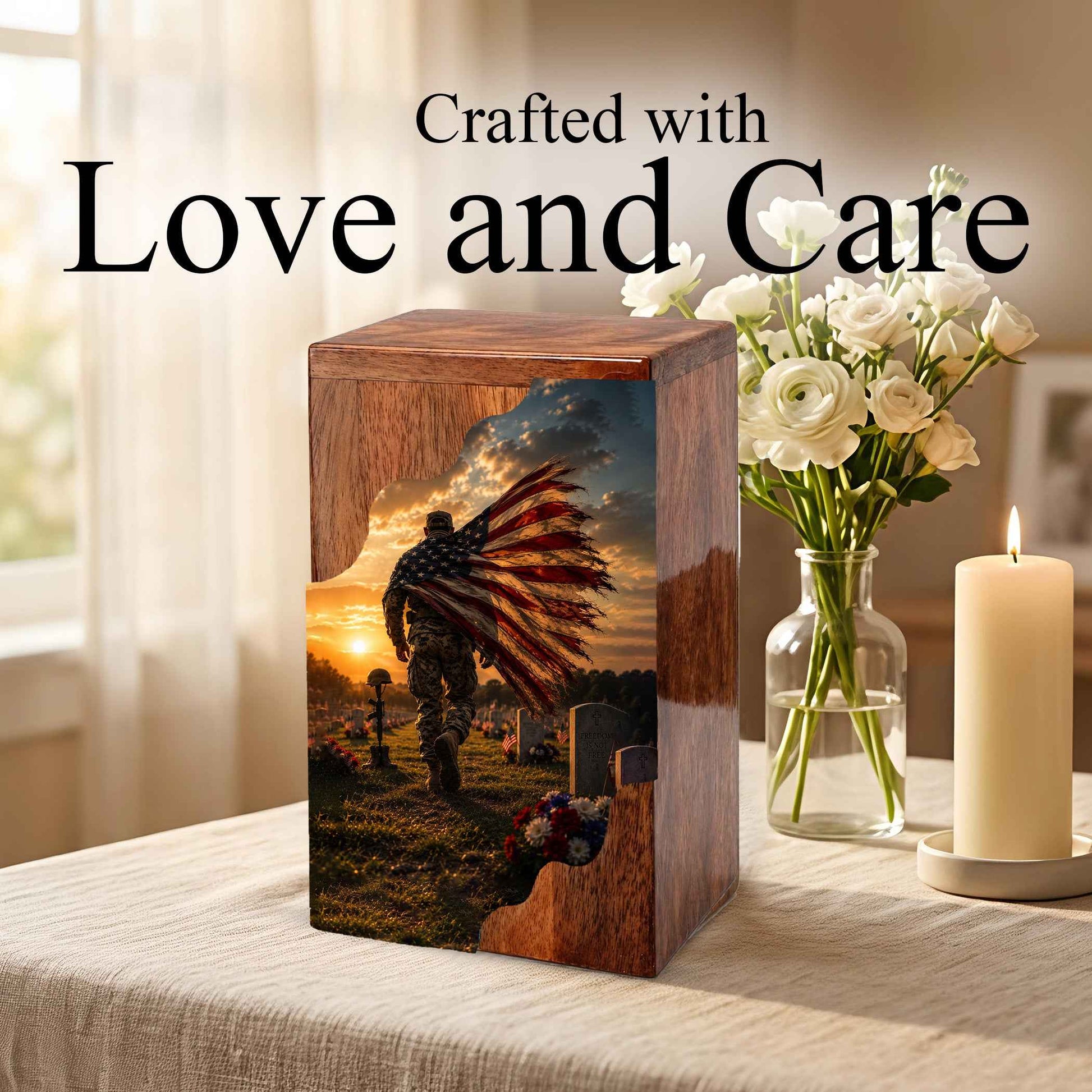 Military Wooden Cremation Urn for Veteran | American Flag Memorial Urn for Dad