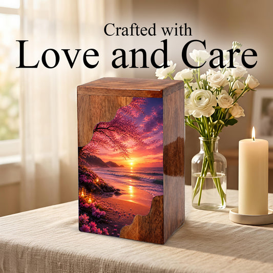 Beach Wooden Cremation Urn for Mom | Ocean Sunset Urn for Human Ashes