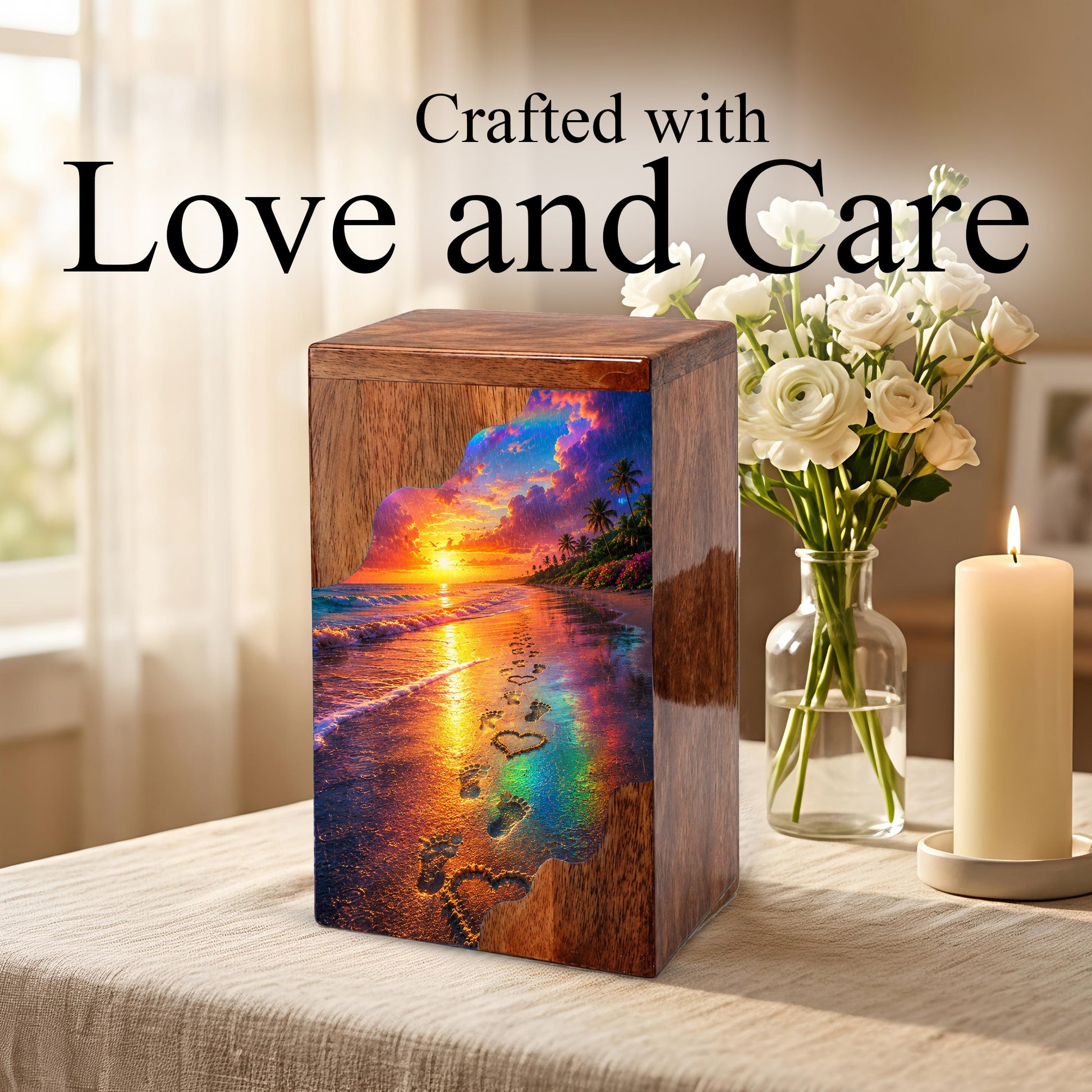 Beach Wooden Cremation Urn for Human Ashes | Ocean Sunset Memorial Urn