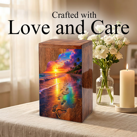 Beach Wooden Cremation Urn for Human Ashes | Ocean Sunset Memorial Urn
