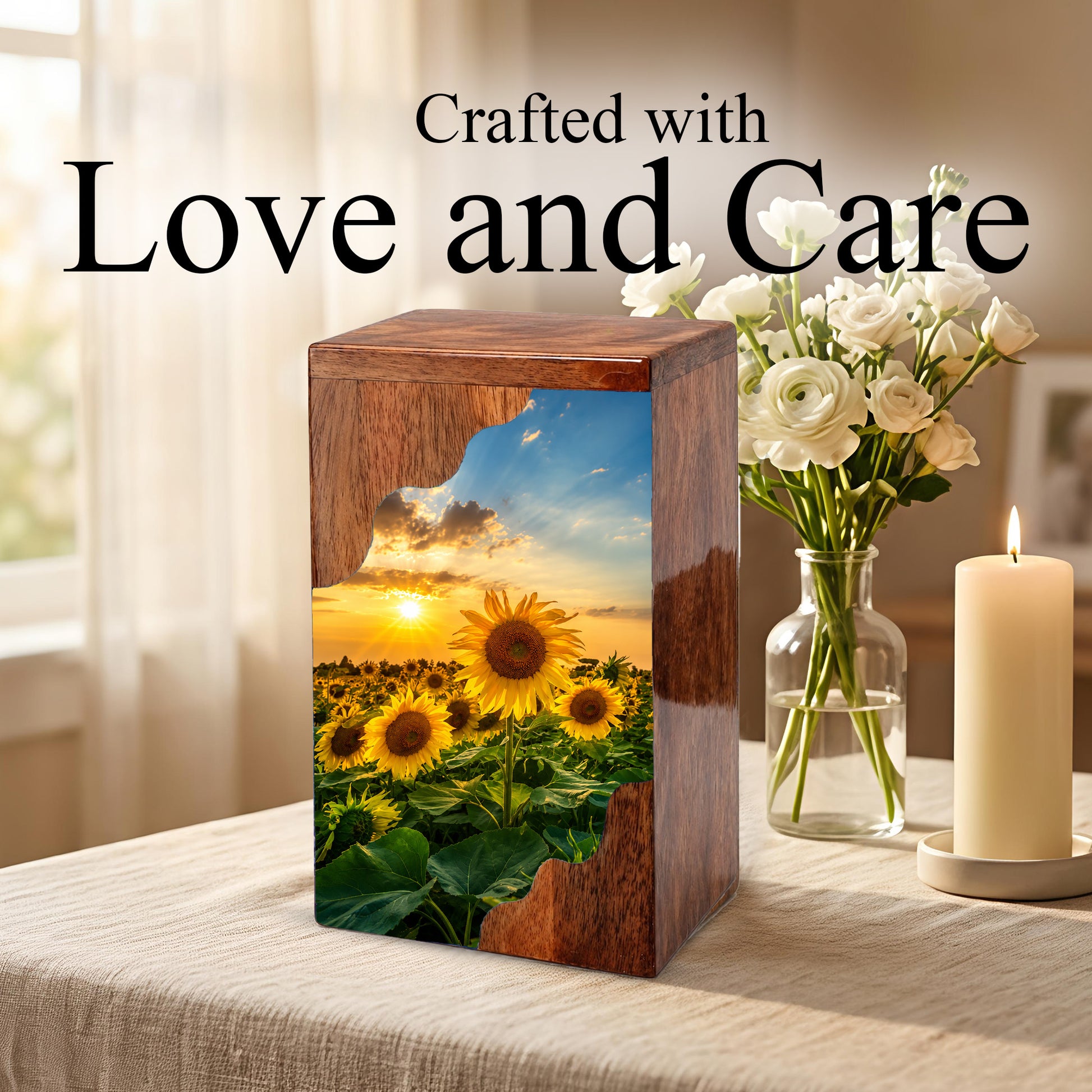 Sunflower Wooden Cremation Urn for Mom | Personalized Urn for Human Ashes
