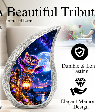 Owl Urn for Ashes, Colorful Owl Cremation Urn with Moon