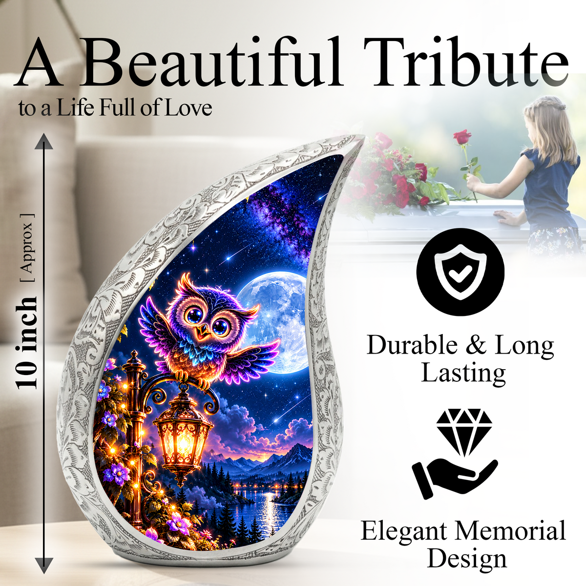 Owl Urn for Ashes, Colorful Owl Cremation Urn with Moon