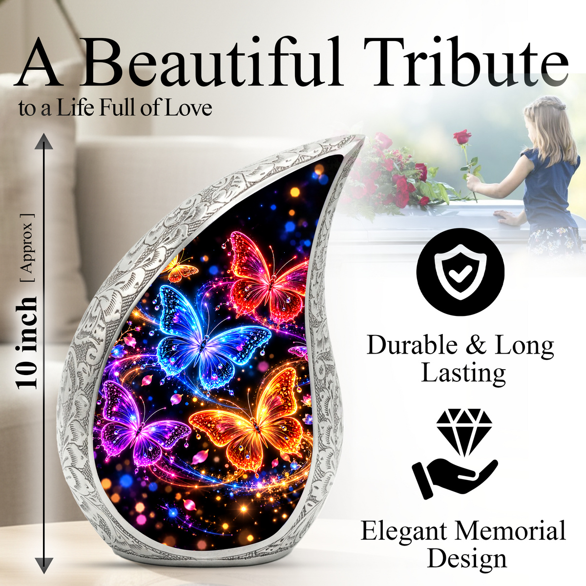 Personalized Butterfly Urn for Human Ashes, Adult Cremation Urn with Colorful Butterflies