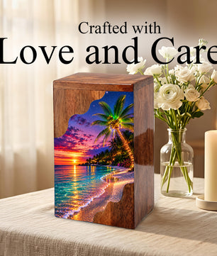Wooden Beach Urn for Human Ashes | Palm Tree Wooden Cremation Urn | Ocean Sunset Memorial Urn