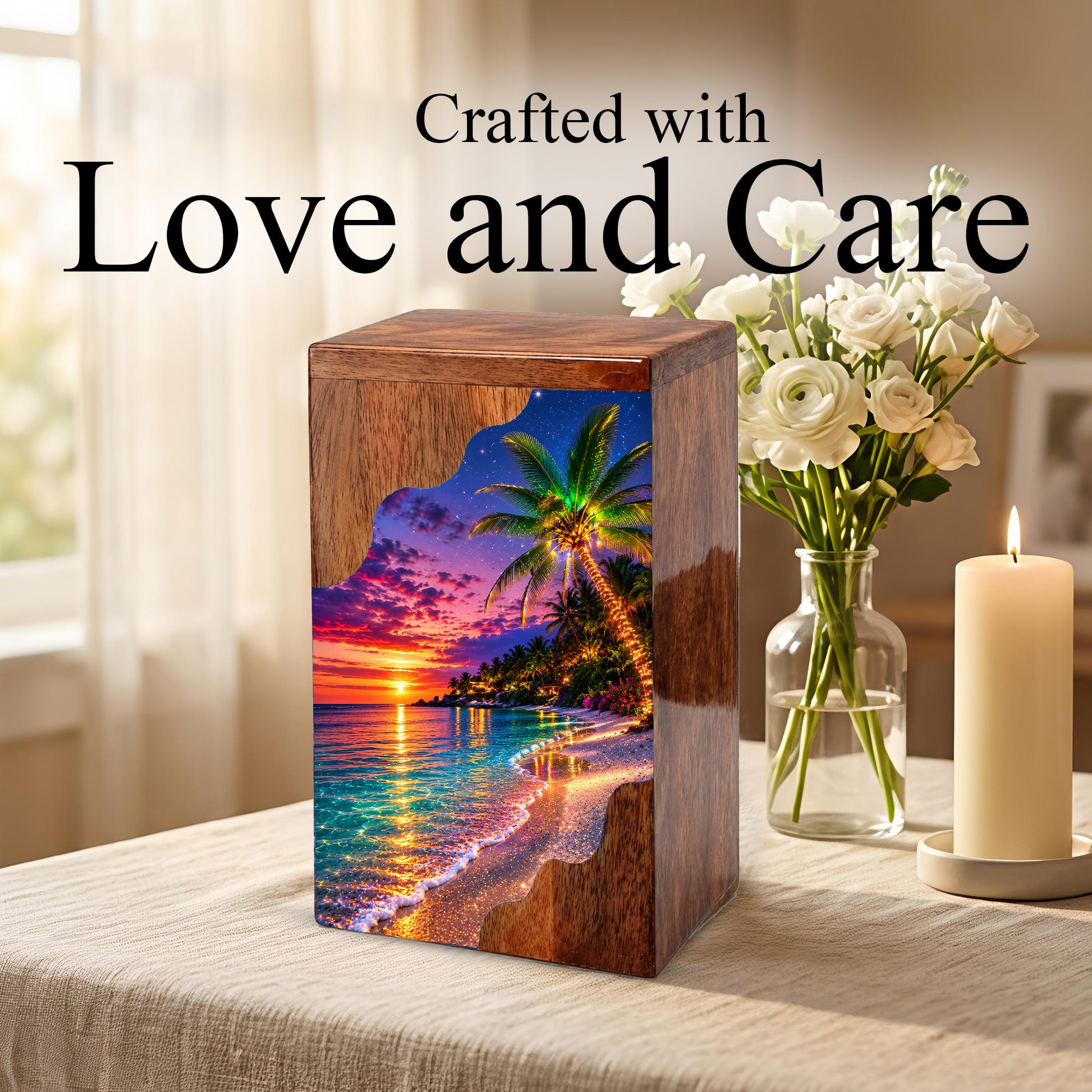 Wooden Beach Urn for Human Ashes | Palm Tree Wooden Cremation Urn | Ocean Sunset Memorial Urn