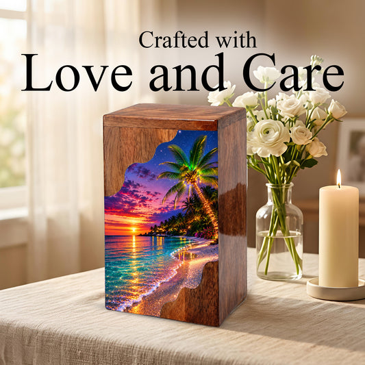 Wooden Beach Urn for Human Ashes | Palm Tree Wooden Cremation Urn | Ocean Sunset Memorial Urn