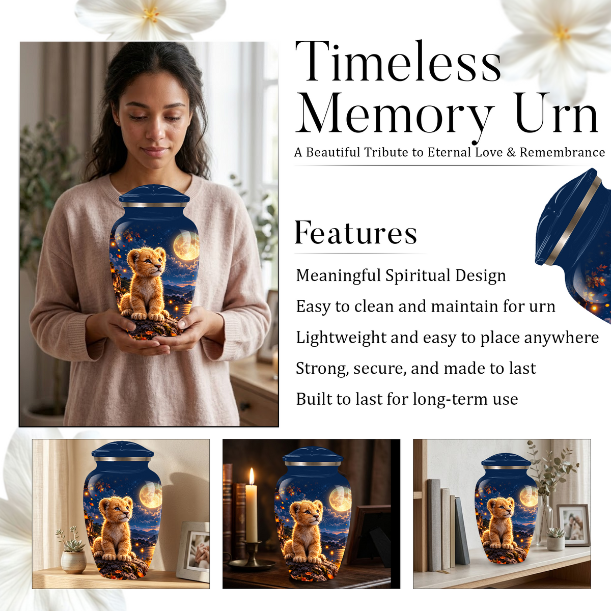 Personalized Adult Cremation Urn for Ashes, Baby Lion Under Golden Moon Memorial Urn