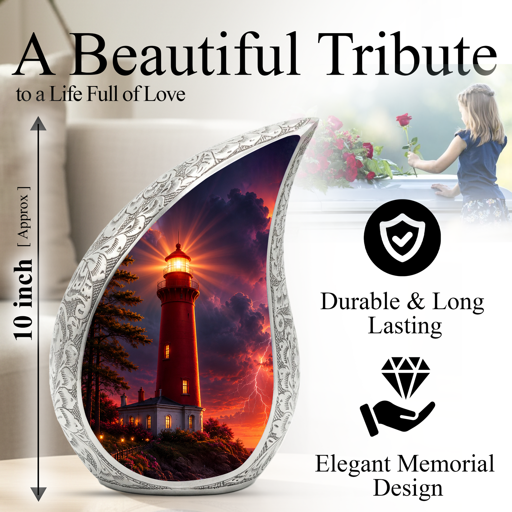 Orange Lighthouse Thunder Urn for Human Ashes | Adult Cremation Urn for Men & Women