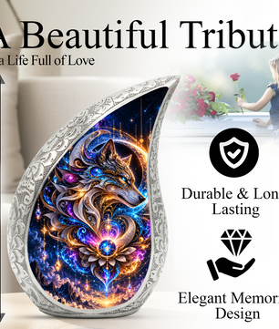 Celestial Wolf Cremation Urn for Ashes, Fantasy Animal Adult Memorial Urn