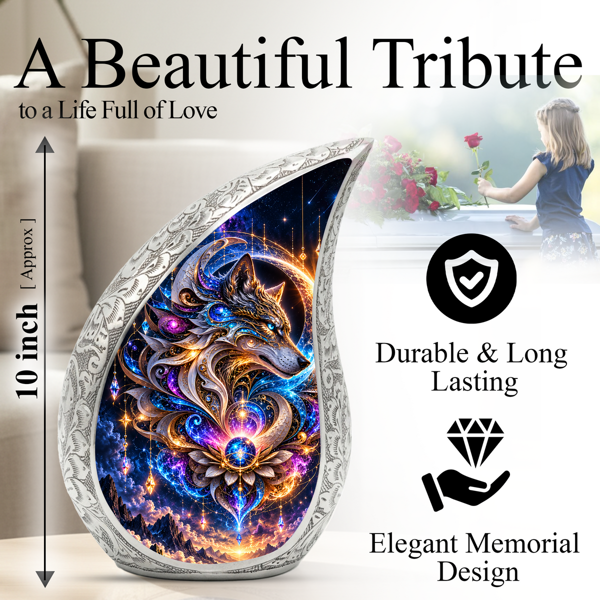 Celestial Wolf Cremation Urn for Ashes, Fantasy Animal Adult Memorial Urn