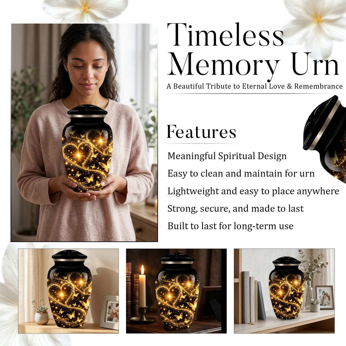 Personalized Adult Cremation Urn for Ashes, Golden Butterfly Heart Memorial Urn, Custom Adult Urn