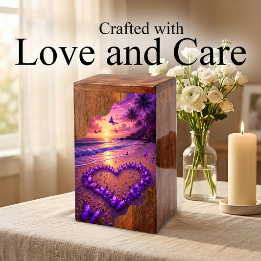 Purple Butterfly Beach Wooden Cremation Urn – Sunset Memorial Urn for Mom