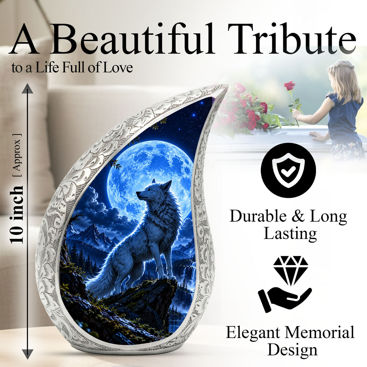Wolf Cremation Urn for Ashes | Blue Moon Wolf Adult keepsake urn
