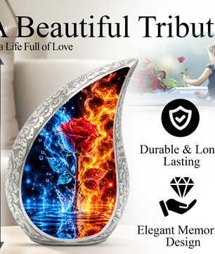 Red Rose Cremation Urn for Ashes, Blue and Fire Rose Adult Memorial Urn