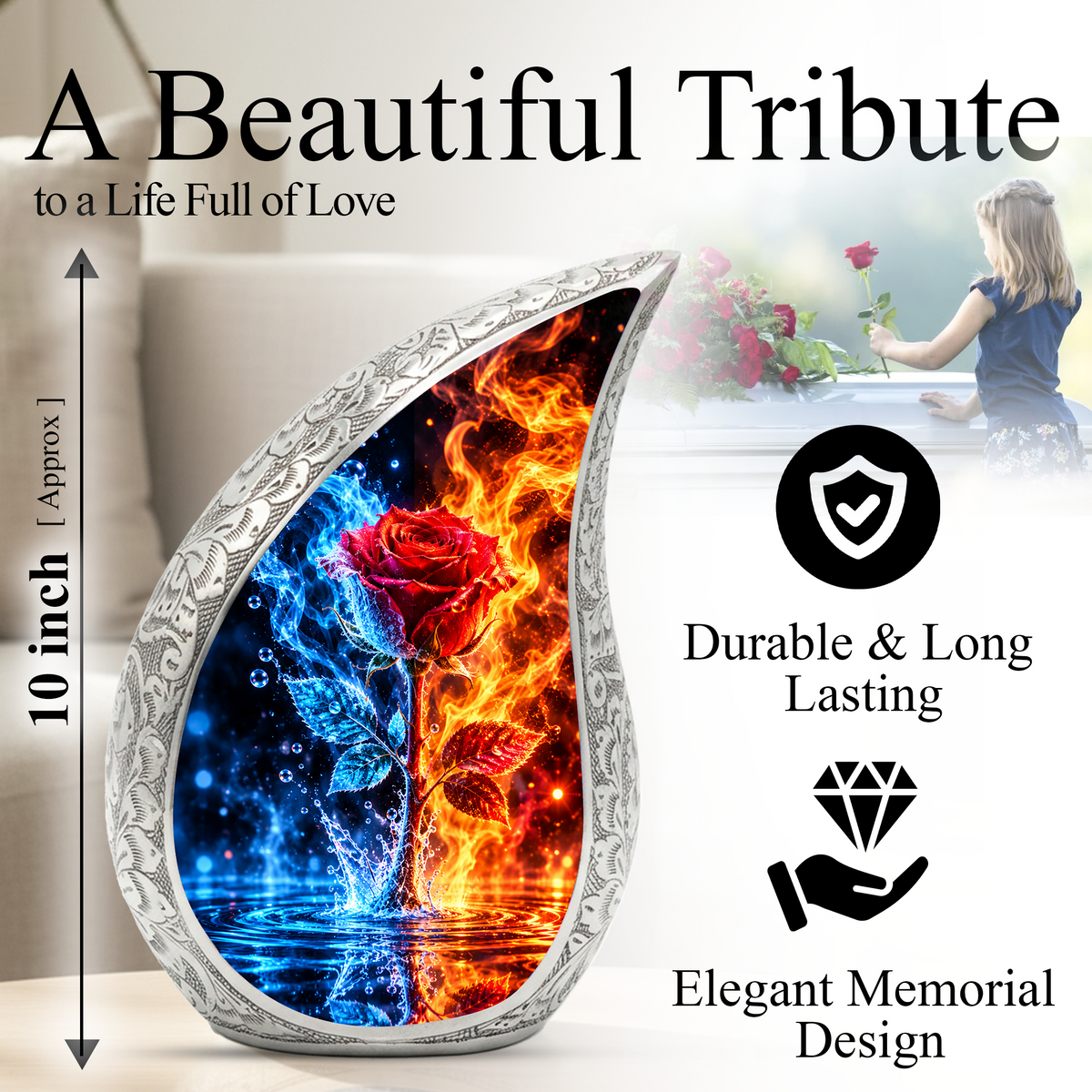 Red Rose Cremation Urn for Ashes, Blue and Fire Rose Adult Memorial Urn