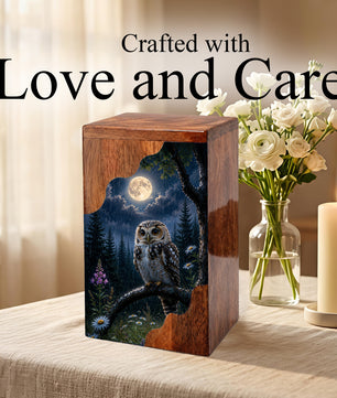 Owl Wooden Cremation Urn – Moonlit Memorial Urn | Wooden Urn for Human Ashes