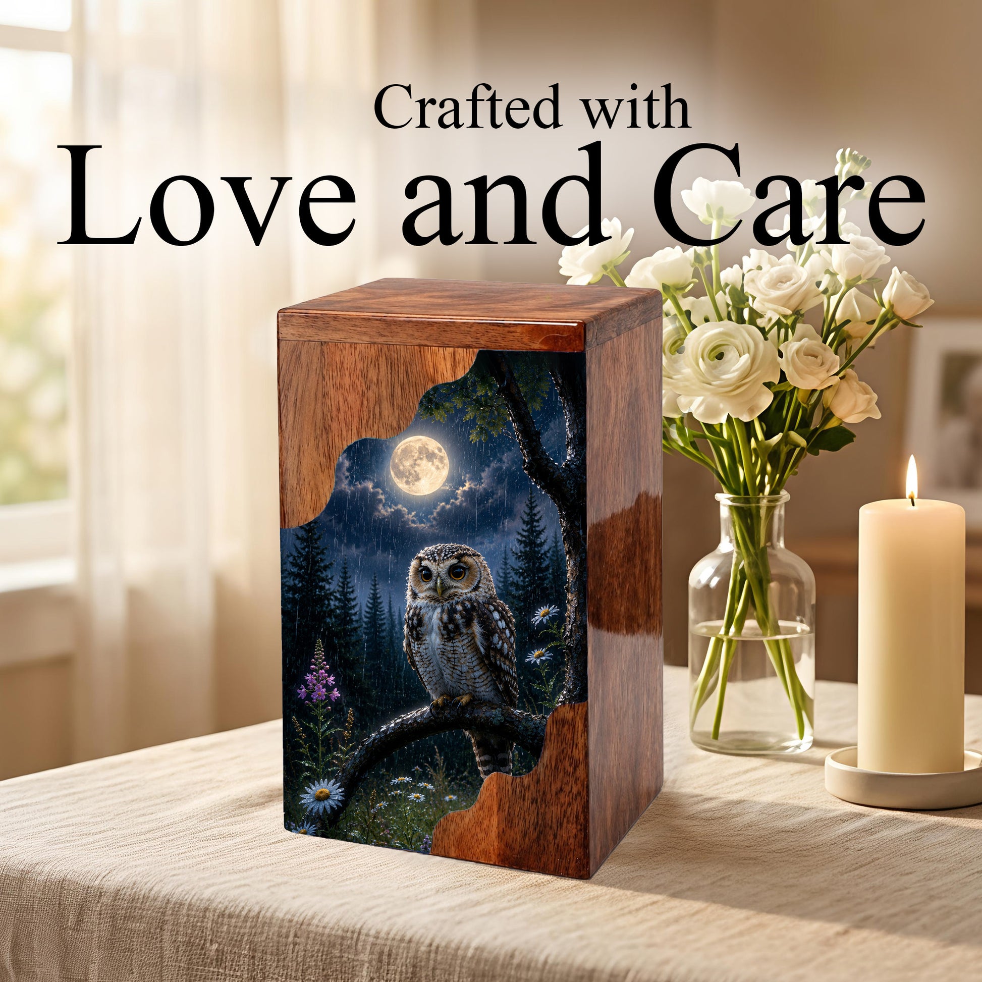 Owl Wooden Cremation Urn – Moonlit Memorial Urn | Wooden Urn for Human Ashes