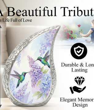 Personalized Hummingbird Cremation Urn – Custom Floral Memorial Urn for Ashes, Lavender Flower Teardrop Aluminum Adult Urn, 10 Inch