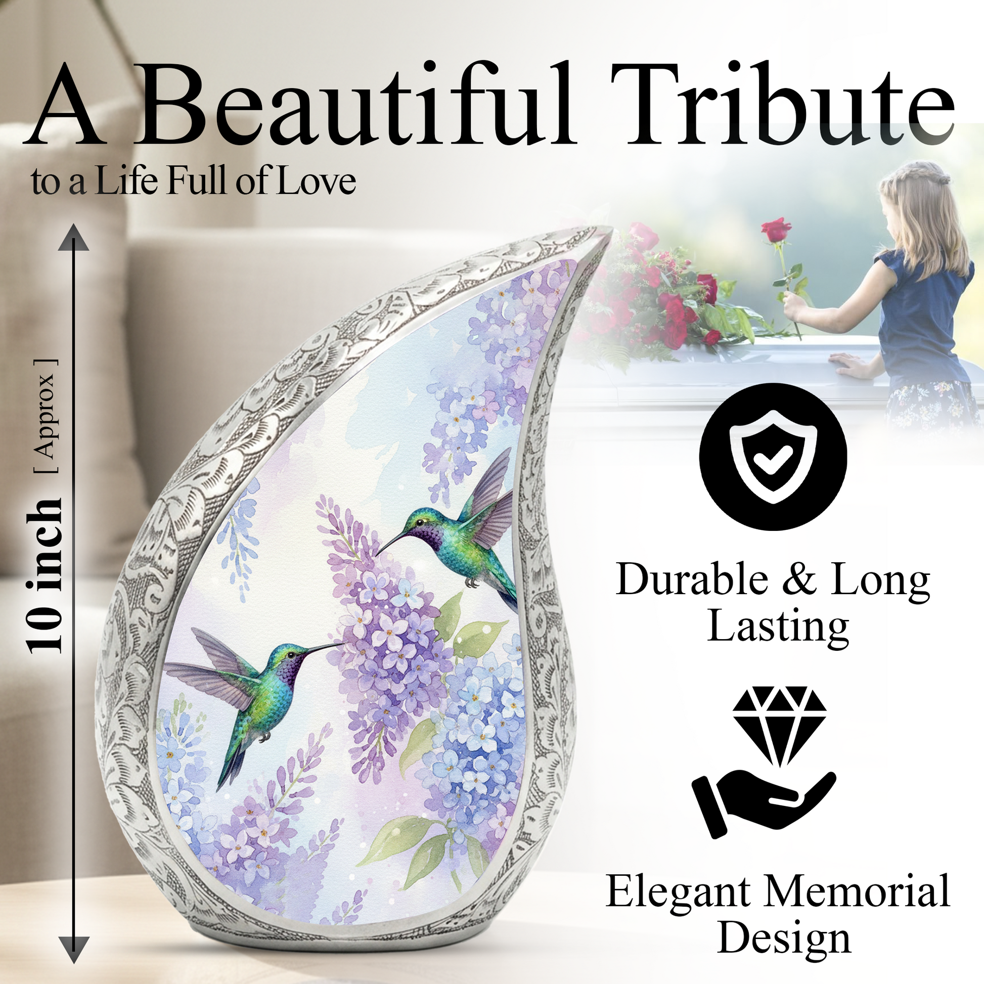 Personalized Hummingbird Cremation Urn – Custom Floral Memorial Urn for Ashes, Lavender Flower Teardrop Aluminum Adult Urn, 10 Inch