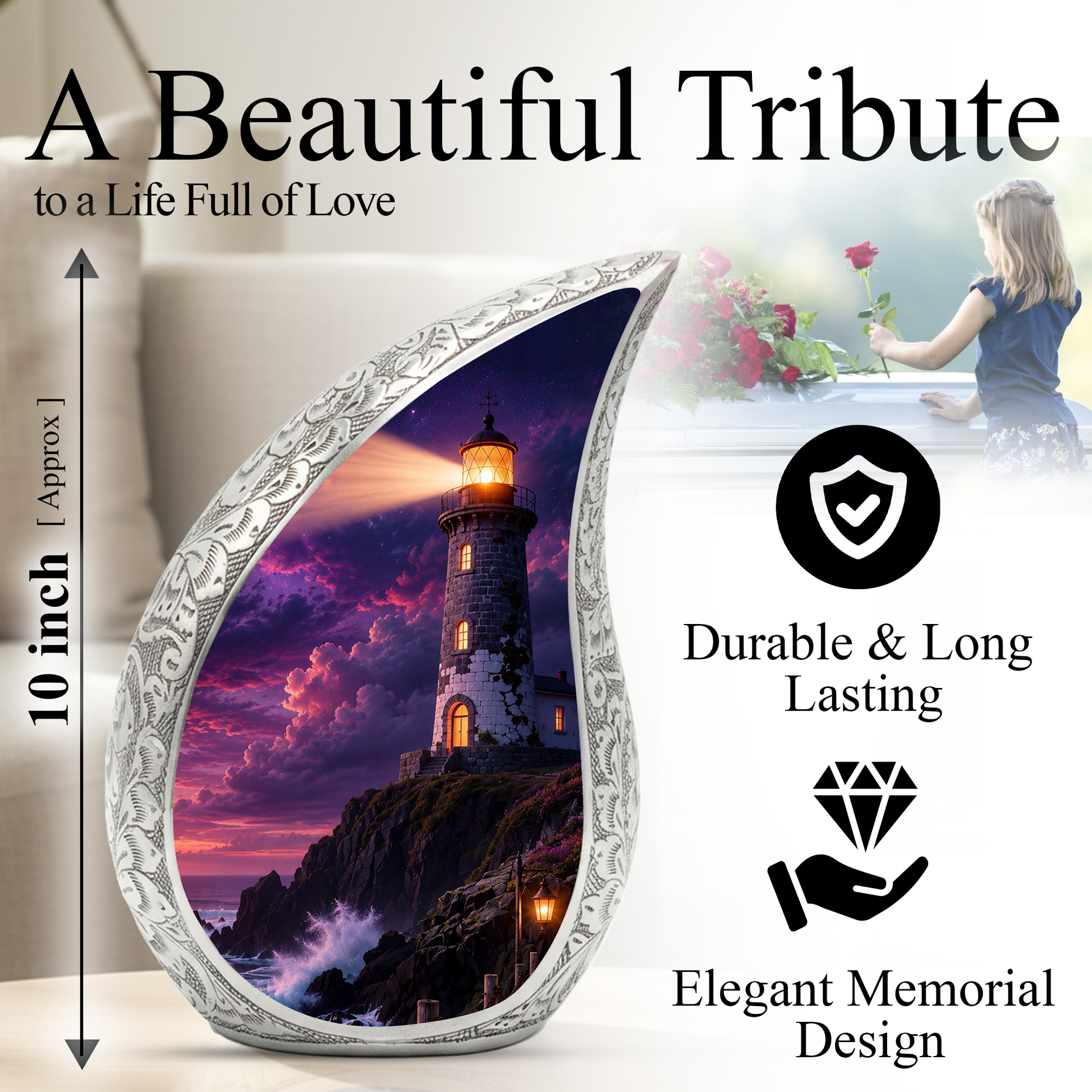 Lighthouse Storm Urn for Human Ashes | Adult Cremation Urn for Men & Women
