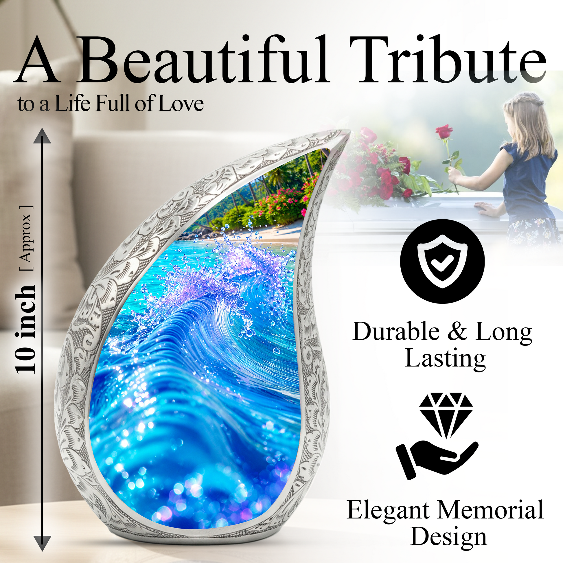 Ocean Wave Urn for Mom – Personalized Beach Cremation Urn for Women | Memorial Ocean Urn for Mother & Sister