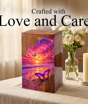 Butterfly Sunset Wooden Cremation Urn – Butterfly Memorial Urn for Human Ashes