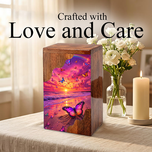 Butterfly Sunset Wooden Cremation Urn – Butterfly Memorial Urn for Human Ashes