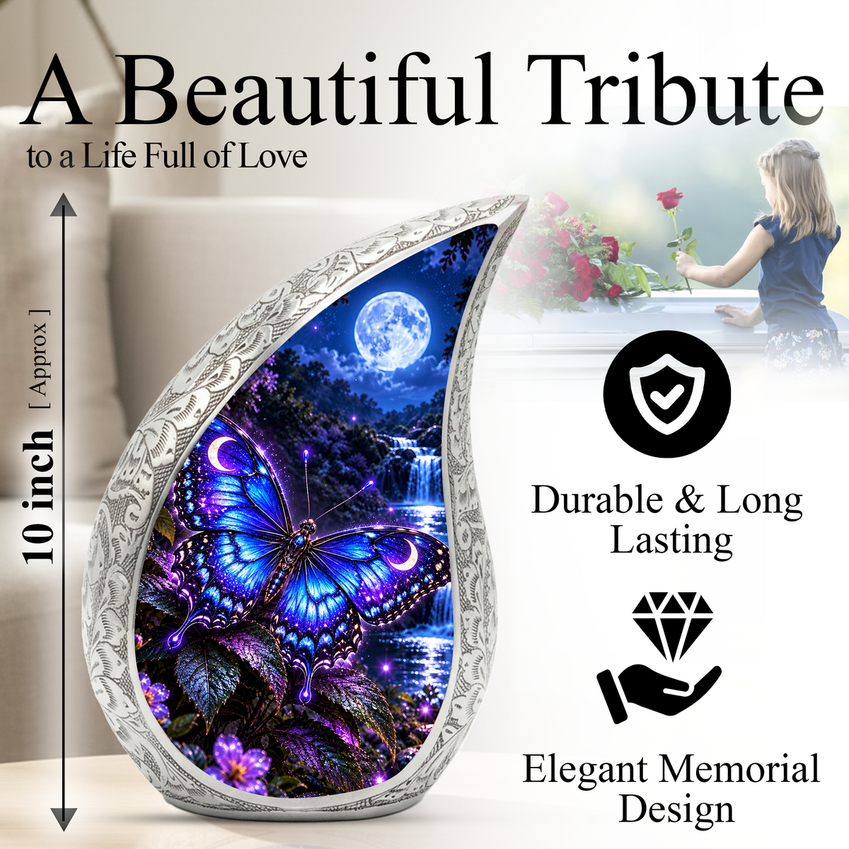 Blue Butterfly Cremation Urn for Mom Ashes - Moonlight Butterfly Memorial Urn