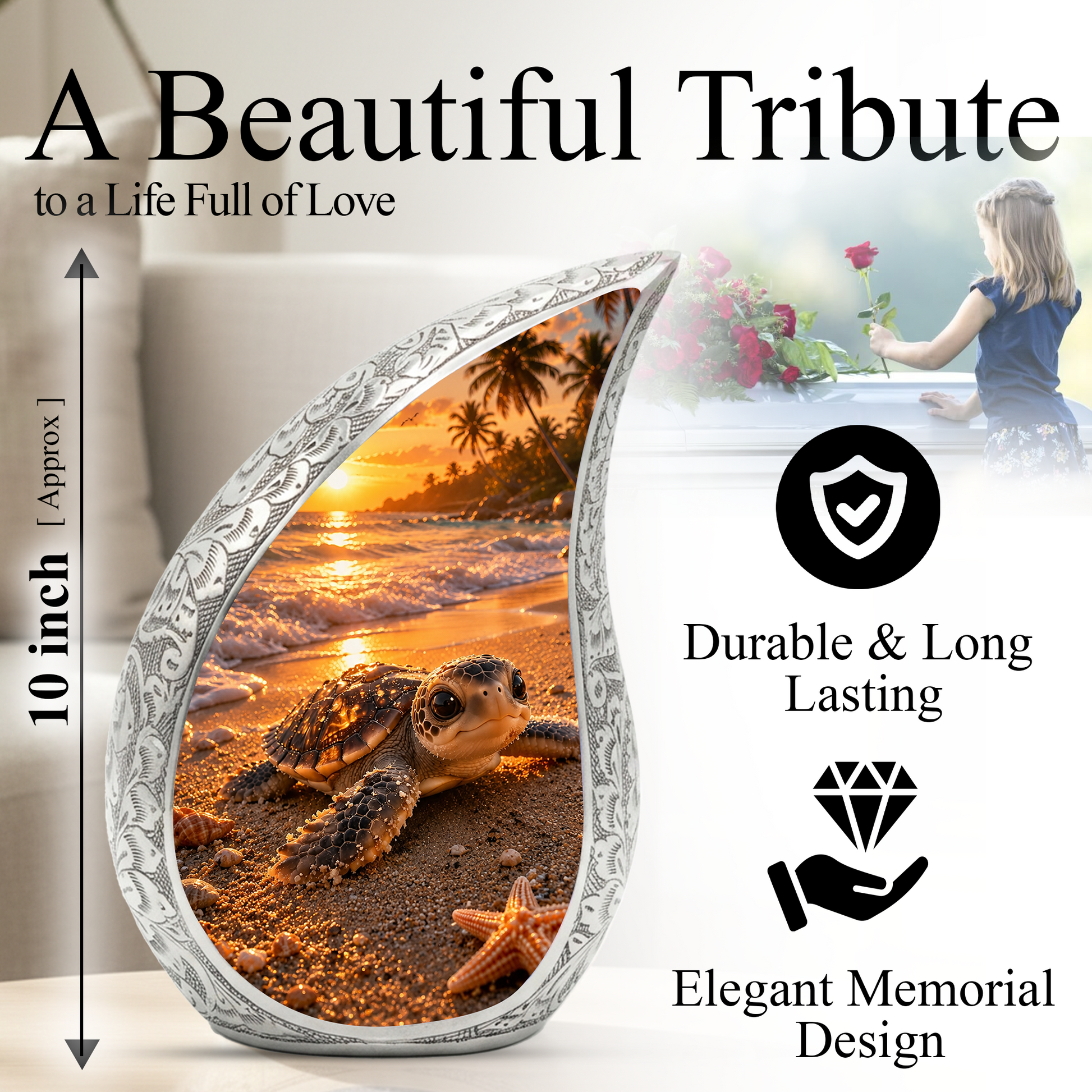Baby Turtle Beach Urn for Human Ashes | Ocean Wave Wooden Cremation Urn