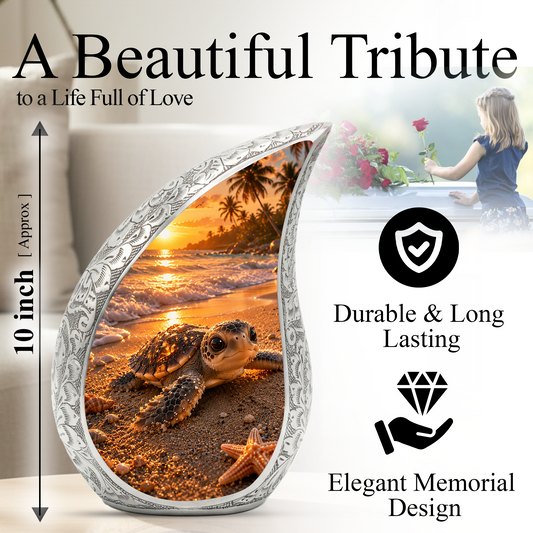 Baby Turtle Beach Urn for Human Ashes | Ocean Wave Wooden Cremation Urn