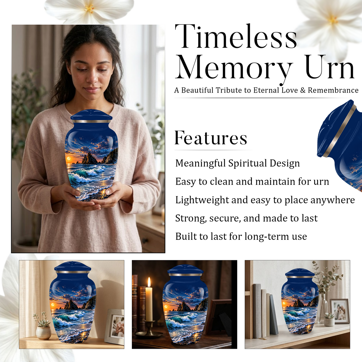 Personalized Adult Cremation Urn for Ashes, Custom Memorial Urn, Ocean Waves and Sunset Design